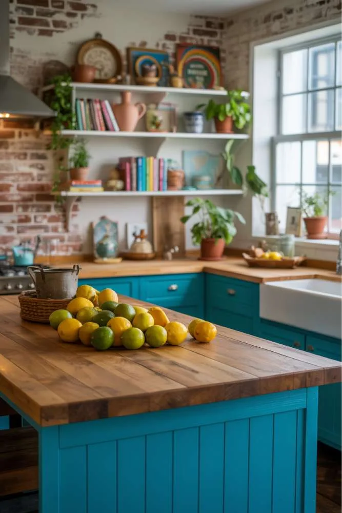 32 Eye-Catching Eclectic Kitchen Design Ideas to Love 2 Bright eclectic kitchen featuring turquoise island with reclaimed wood countertop, colorful citrus fruits, vintage pottery, and brick wall backdrop