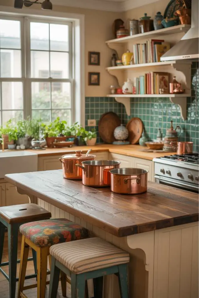 32 Eye-Catching Eclectic Kitchen Design Ideas to Love 3 Eclectic kitchen with weathered butcher-block island, mismatched floral and striped stools, vintage copper cookware, and teal tile backsplash