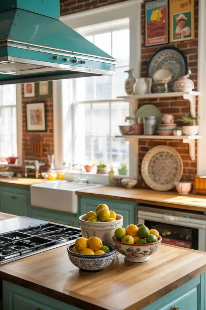 32 Eye-Catching Eclectic Kitchen Design Ideas to Love 4 Bright eclectic kitchen with vintage turquoise range hood, butcher block countertop, mismatched ceramic bowls with citrus, and exposed brick walls