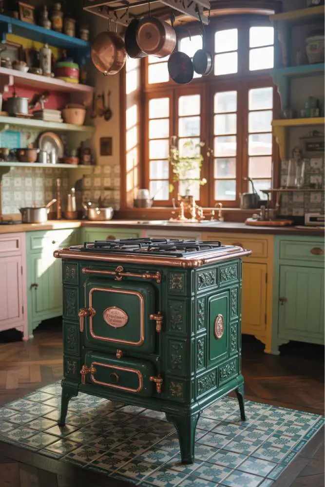 32 Eye-Catching Eclectic Kitchen Design Ideas to Love 5 Vibrant eclectic kitchen with antique forest green cast-iron stove featuring floral patterns, copper accents, and patterned teal and white tile flooring