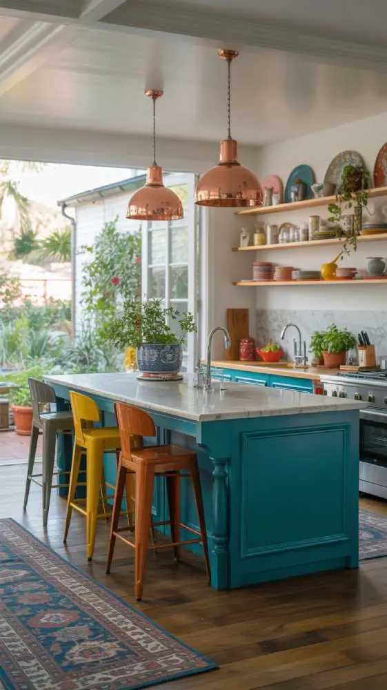 32 Eye-Catching Eclectic Kitchen Design Ideas to Love 6 Eclectic kitchen with vibrant teal island, Carrara marble countertop, mismatched mustard yellow and burnt orange bar stools, and copper pendant lights