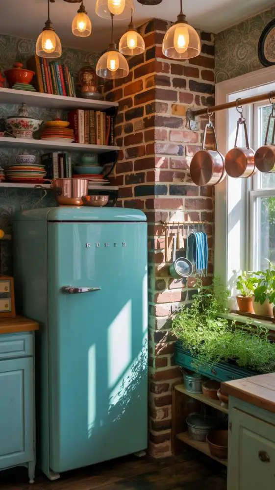 32 Eye-Catching Eclectic Kitchen Design Ideas to Love 7 Vibrant eclectic kitchen with vintage turquoise refrigerator against exposed brick, colorful ceramic dishes, antique cookbooks, and mismatched pendant lights