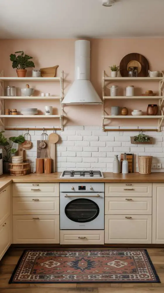 32 Eye-Catching Eclectic Kitchen Design Ideas to Love 8 Modern farmhouse kitchen with cream cabinets, wooden countertops, white brick backsplash, floating shelves with ceramics and plants, and geometric area rug
