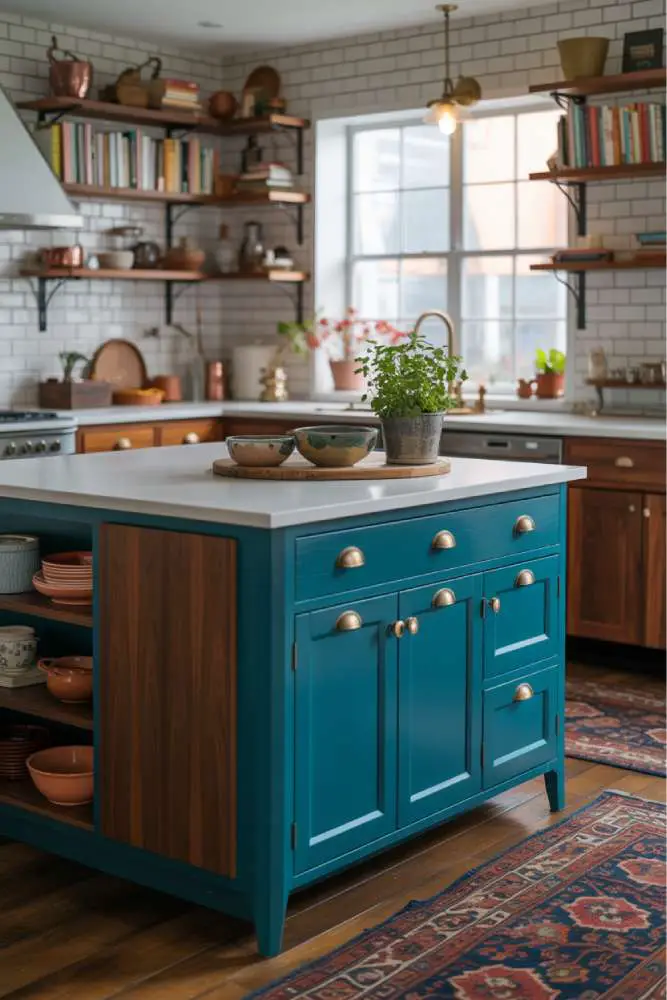 32 Eye-Catching Eclectic Kitchen Design Ideas to Love 9 Stylish eclectic kitchen with vibrant teal island, white countertop, dark walnut cabinetry, brass hardware, and Persian rug