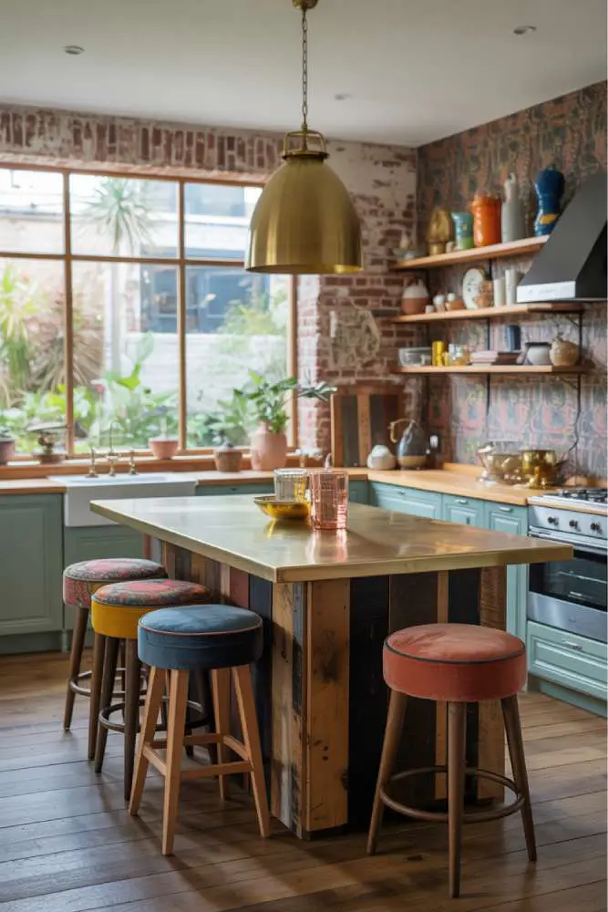 32 Eye-Catching Eclectic Kitchen Design Ideas to Love 14 Vibrant eclectic kitchen with reclaimed wood island, brushed gold countertop, mismatched velvet and patterned bar stools, exposed brick and patterned wallpaper walls