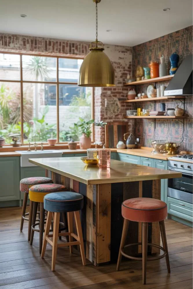 32 Eye-Catching Eclectic Kitchen Design Ideas to Love 14 Vibrant eclectic kitchen with reclaimed wood island, brushed gold countertop, mismatched velvet and patterned bar stools, exposed brick and patterned wallpaper walls