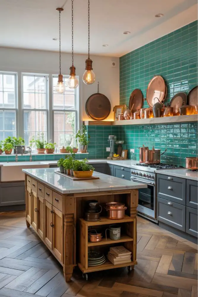32 Eye-Catching Eclectic Kitchen Design Ideas to Love 15 Stylish eclectic kitchen with reclaimed wood island, white marble countertop, turquoise tile backsplash, gray shaker cabinets, and Edison bulb pendant lights