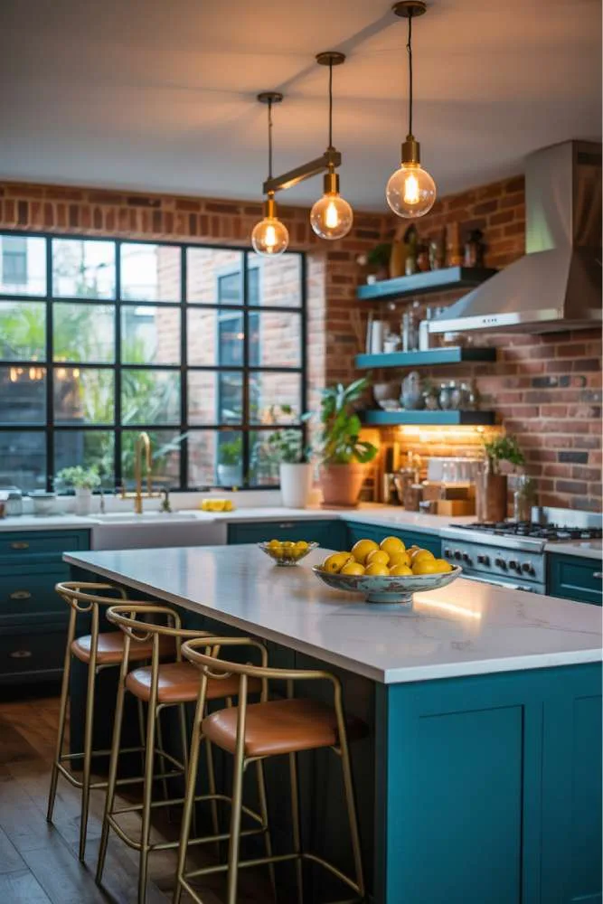 32 Eye-Catching Eclectic Kitchen Design Ideas to Love 16 Modern eclectic kitchen with white countertop island, dark teal cabinetry, brass bar stools, exposed brick walls, and Edison bulb pendant lighting