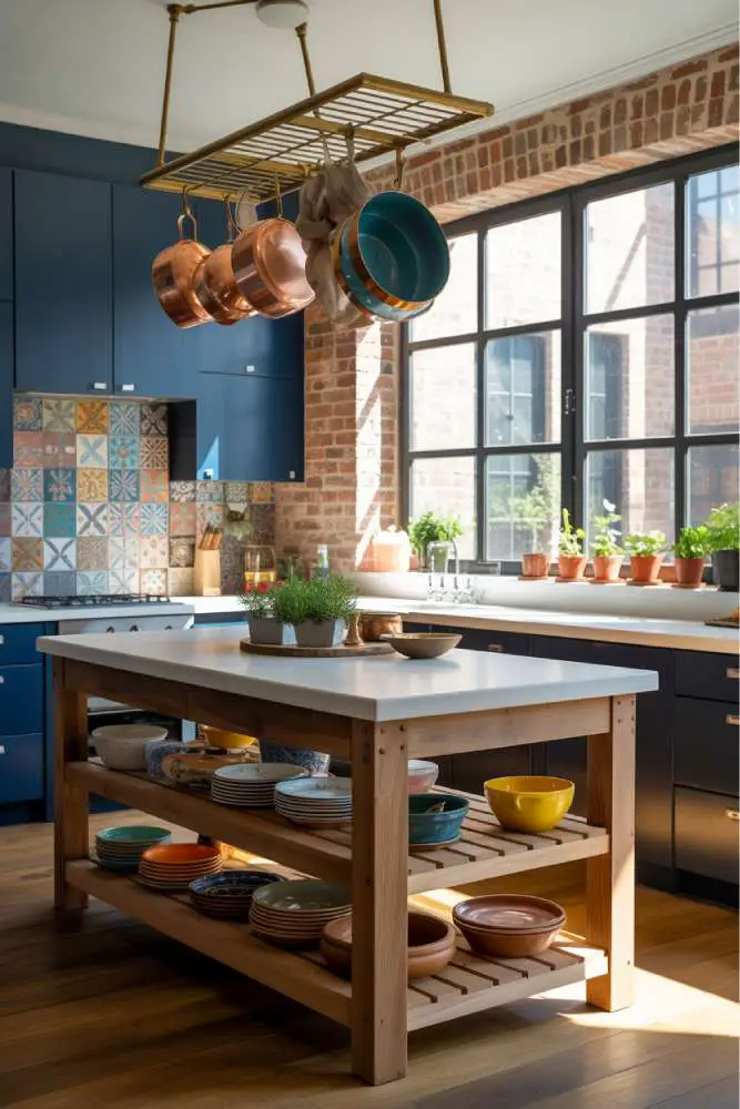 32 Eye-Catching Eclectic Kitchen Design Ideas to Love 17 Bright eclectic kitchen with reclaimed wood island, white quartz countertop, navy blue cabinets, patterned hand-painted tile backsplash, and hanging copper pots