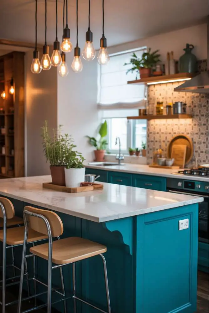 32 Eye-Catching Eclectic Kitchen Design Ideas to Love 19 Modern eclectic small kitchen with vibrant teal island, white marble countertop, chrome bar stools, mismatched Edison bulb pendants, and Moroccan tile backsplash
