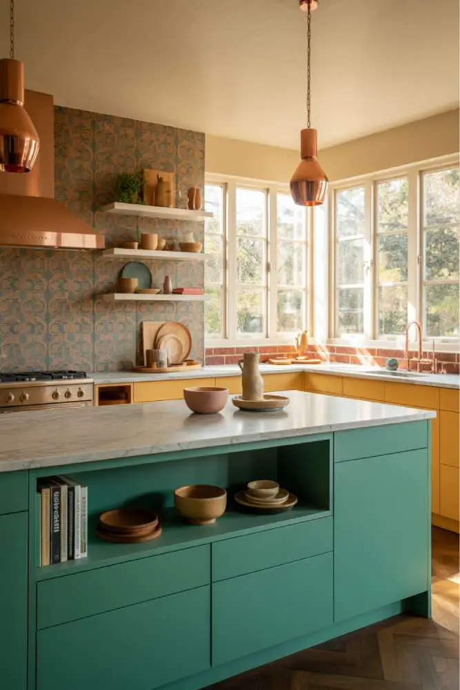32 Eye-Catching Eclectic Kitchen Design Ideas to Love 20 Modern eclectic kitchen with turquoise island, light gray marble countertop, ochre and teal patterned wallpaper backsplash, and copper pendant lights