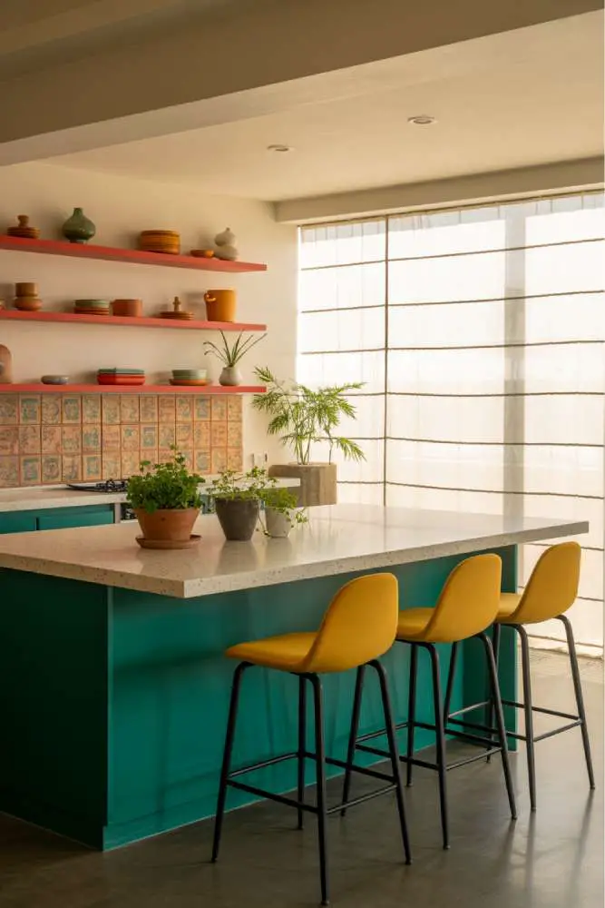 32 Eye-Catching Eclectic Kitchen Design Ideas to Love 22 Vibrant modern kitchen with teal island, speckled white quartz countertop, mustard yellow bar stools, terracotta tile backsplash, and colorful ceramic dishes