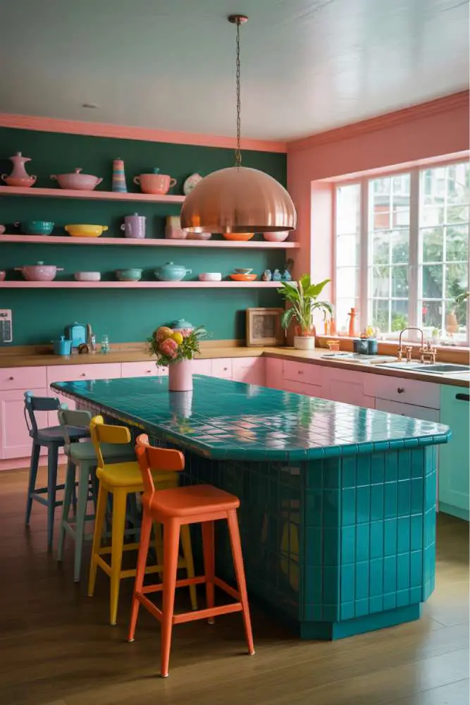 32 Eye-Catching Eclectic Kitchen Design Ideas to Love 23 Vibrant modern eclectic kitchen with oversized turquoise island, mismatched yellow, orange, and teal bar stools, copper pendant light, and pastel pink and forest green cabinetry