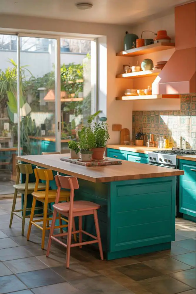 32 Eye-Catching Eclectic Kitchen Design Ideas to Love 24 Modern eclectic kitchen with teal island, butcher block countertop, mustard yellow and coral pink mismatched chairs, turquoise and orange tile backsplash