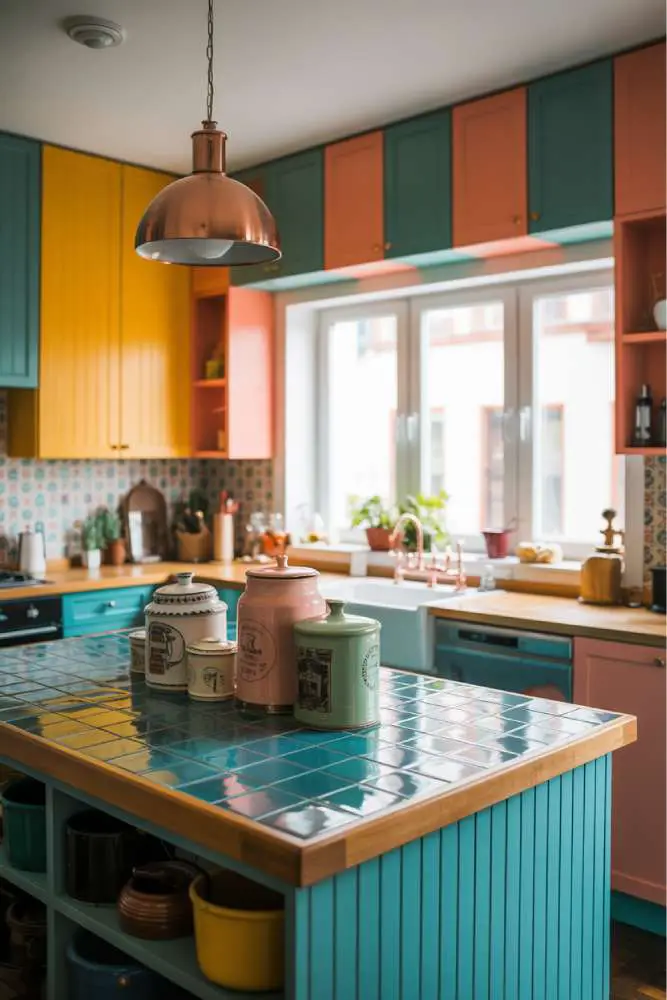 32 Eye-Catching Eclectic Kitchen Design Ideas to Love 25 Vibrant modern eclectic kitchen with central island featuring turquoise tiles and butcher block, copper pendant light, mustard yellow, teal, and coral cabinetry