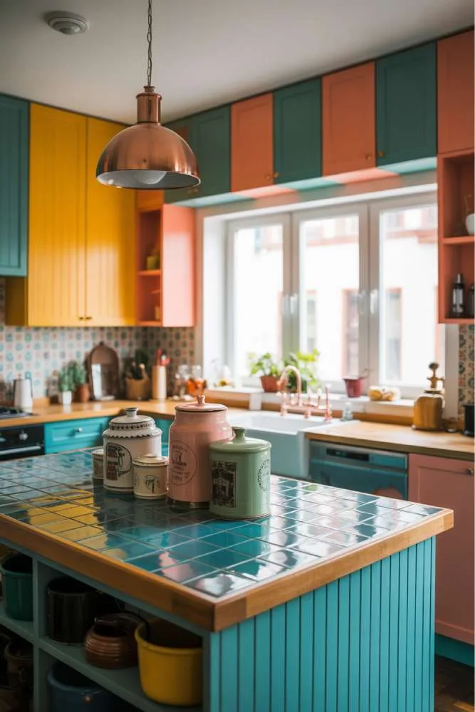32 Eye-Catching Eclectic Kitchen Design Ideas to Love 25 Vibrant modern eclectic kitchen with central island featuring turquoise tiles and butcher block, copper pendant light, mustard yellow, teal, and coral cabinetry