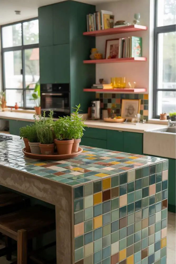 32 Eye-Catching Eclectic Kitchen Design Ideas to Love 27 Vibrant modern eclectic kitchen with polished concrete island, colorful ceramic tile mosaic top, teal coral and mustard accents, black and forest green cabinetry