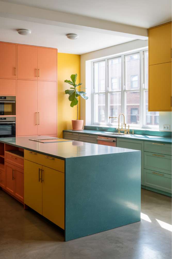 32 Eye-Catching Eclectic Kitchen Design Ideas to Love 28 Vibrant modern kitchen with teal quartz waterfall island, coral yellow and sage green cabinetry, brass hardware, and polished concrete floors