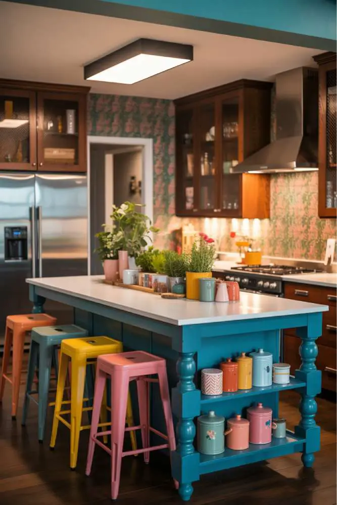 32 Eye-Catching Eclectic Kitchen Design Ideas to Love 29 Vibrant modern eclectic kitchen with bright teal island, white quartz countertop, mustard yellow coral and teal mismatched bar stools, pink and green patterned wallpaper
