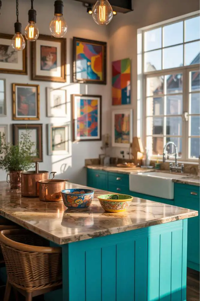 32 Eye-Catching Eclectic Kitchen Design Ideas to Love 30 Modern eclectic kitchen with turquoise island, patterned granite countertop, antique copper pots, gallery wall with vintage frames, and Edison bulb pendants