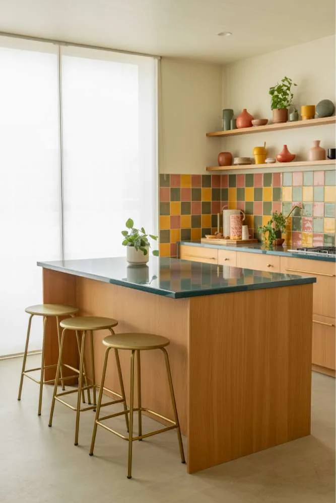32 Eye-Catching Eclectic Kitchen Design Ideas to Love 31 Vibrant modern kitchen with light oak and teal island, coral mustard yellow and olive green patterned ceramic tile backsplash, brass stools