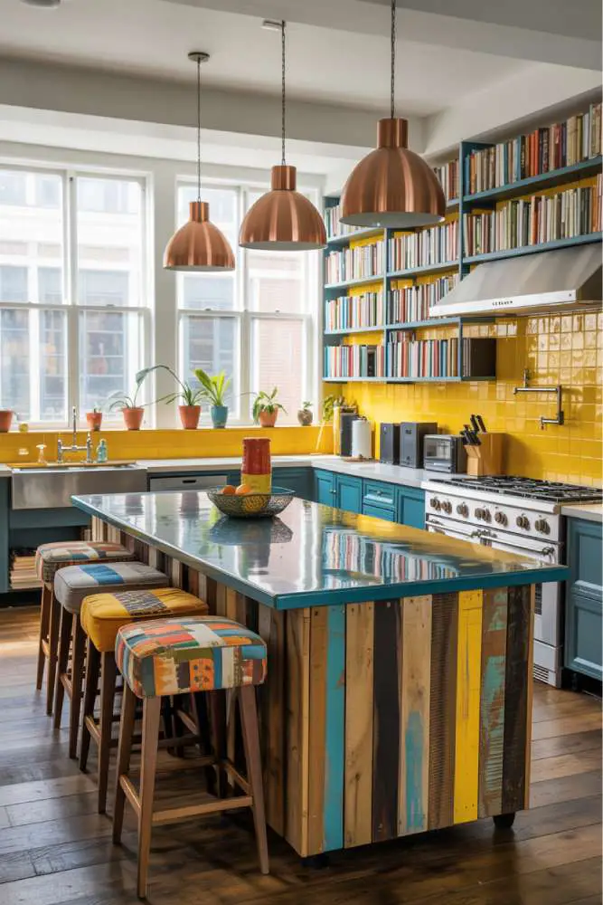 32 Eye-Catching Eclectic Kitchen Design Ideas to Love 32 Vibrant modern kitchen with reclaimed wood island, glossy teal countertop, patchwork upholstered bar stools, copper pendants, and yellow tile backsplash