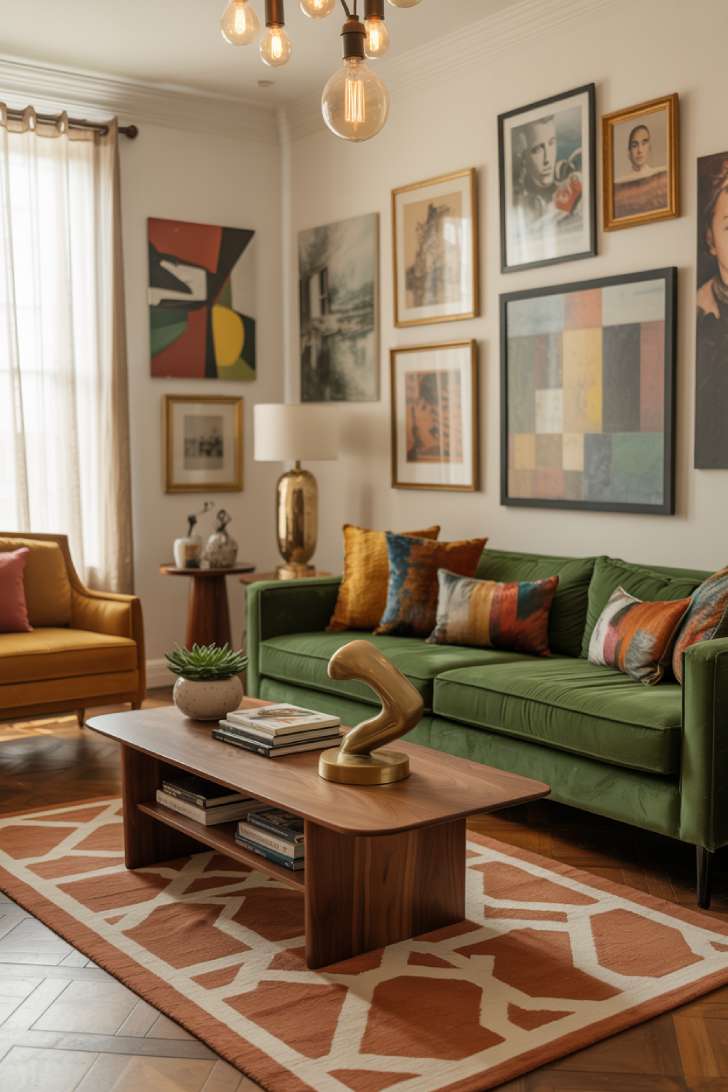 An eclectic living room featuring emerald velvet sofa with terracotta geometric rug and gallery wall art