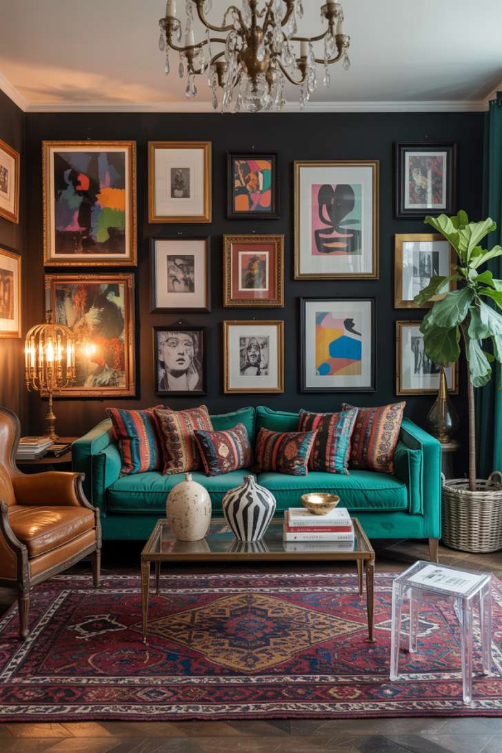 A bold eclectic living room with emerald sofa, Persian rug, and gallery wall featuring mixed vintage frames
