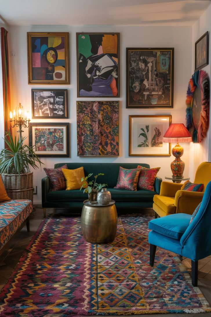 An eclectic living room with emerald sofa, Moroccan rug, and mismatched vintage armchairs in jewel tones