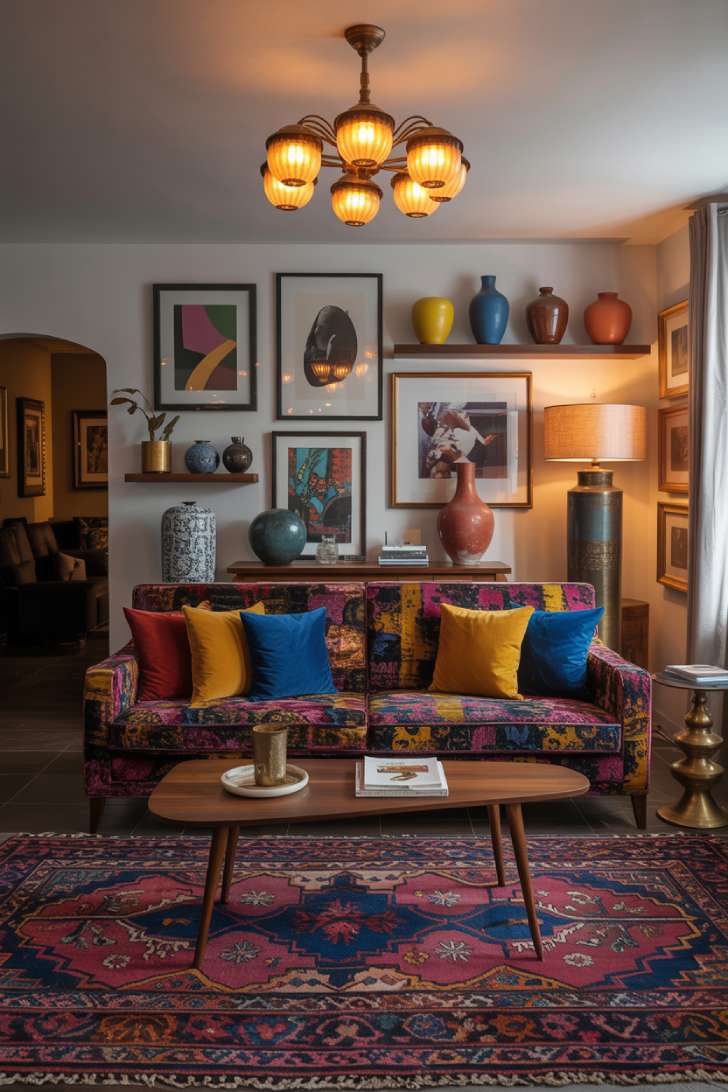 A bold eclectic living room with burgundy velvet sofa, Persian rug, and statement amber glass chandelier