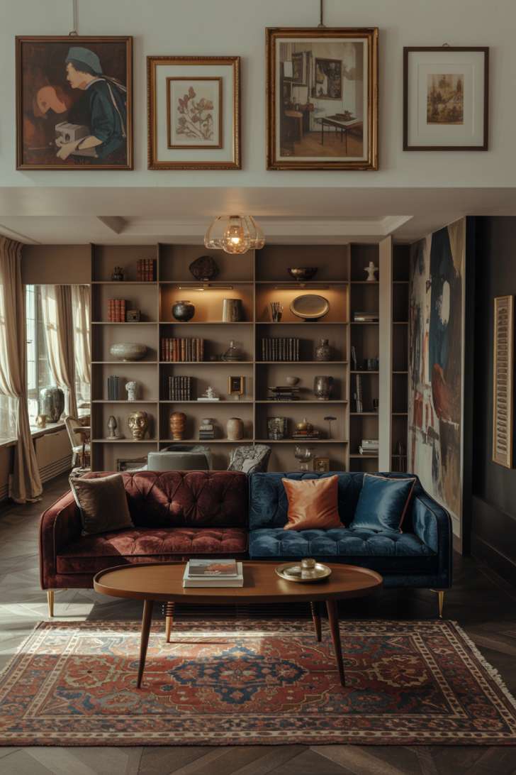 An elegant eclectic living room with velvet sofa, Persian rug, and built-in bookshelves filled with decorative objects