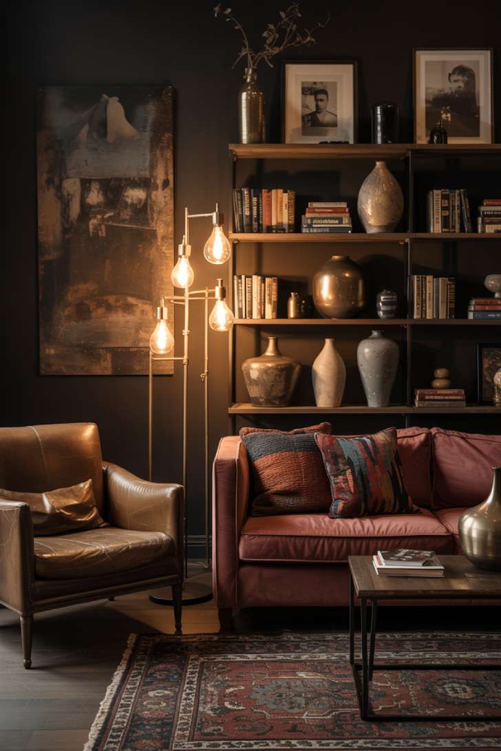 A moody eclectic living room with burgundy velvet sofa, weathered leather armchair, and brass Edison bulb lamps