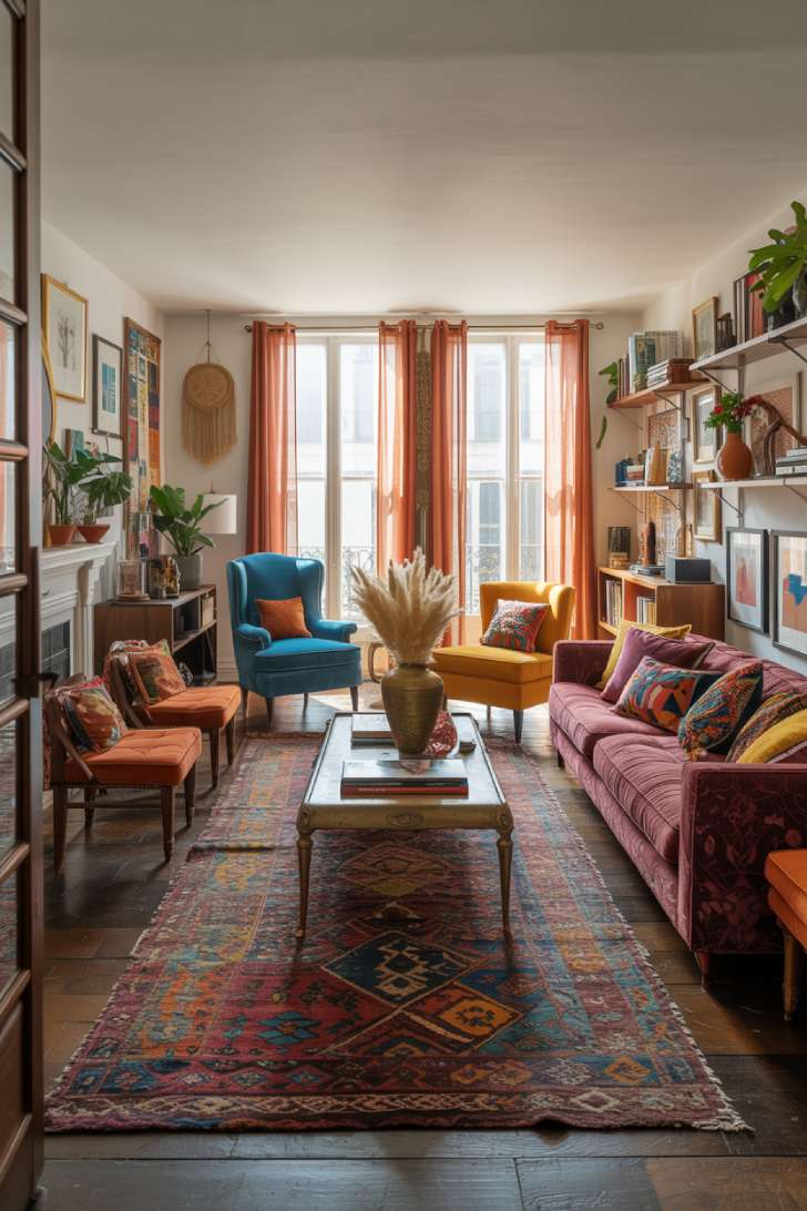 A spacious eclectic living room with burgundy velvet sofa, mismatched jewel-tone chairs, and layered Persian rugs