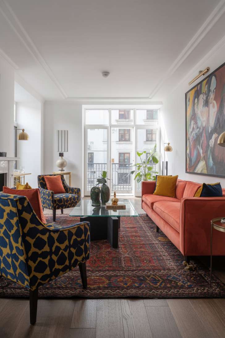 A spacious modern eclectic living room with coral velvet sofa, navy geometric armchair, and abstract jewel-tone painting