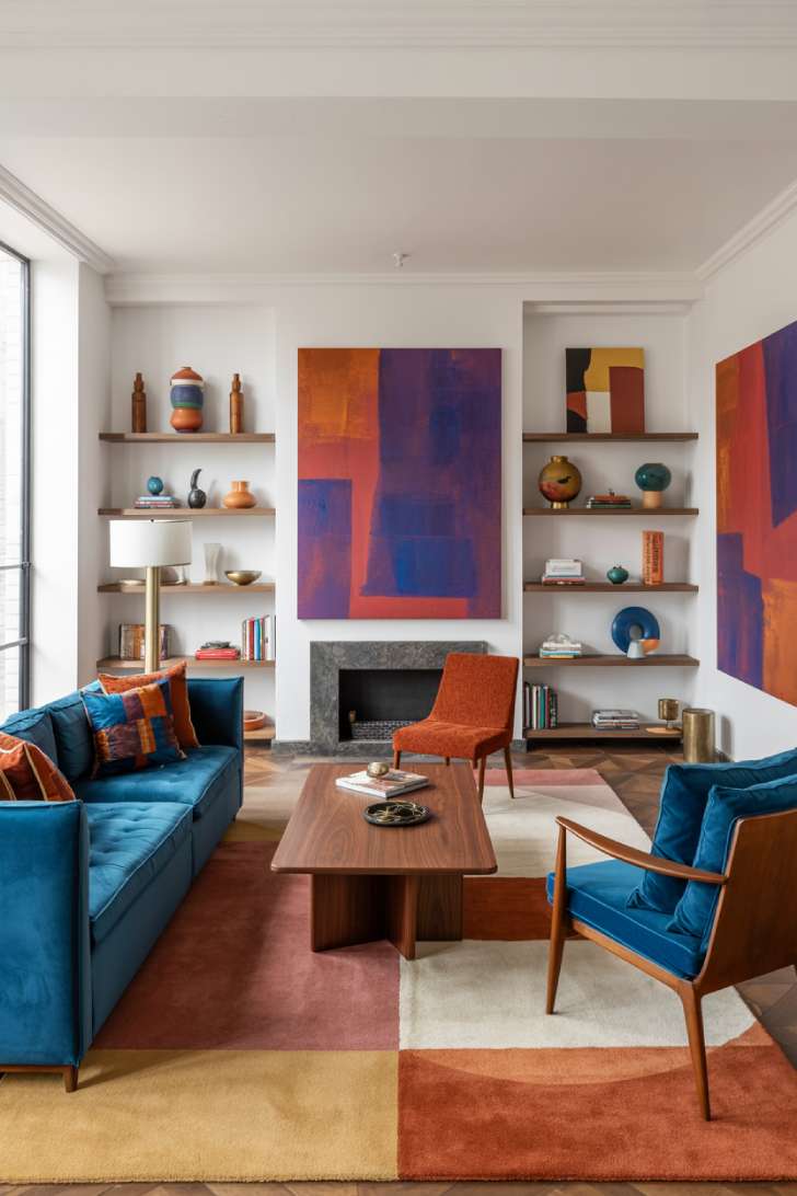 A spacious modern eclectic living room with sapphire blue velvet sofa, terracotta geometric rug, and colorful pottery display