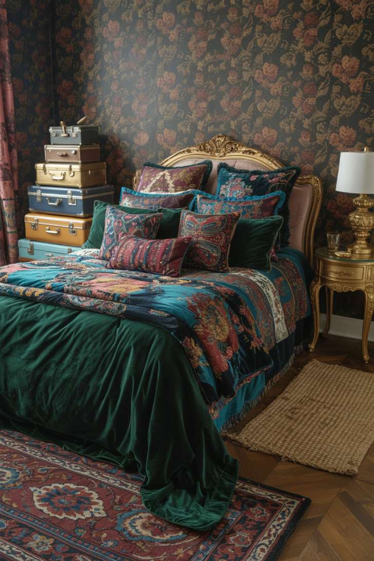 11 Gorgeous Eclectic Maximalism Bedroom Ideas to Try Today 1 A king-sized bed with emerald and sapphire velvet bedding, ornate gold headboard, and dark floral wallpaper in a rich maximalist bedroom