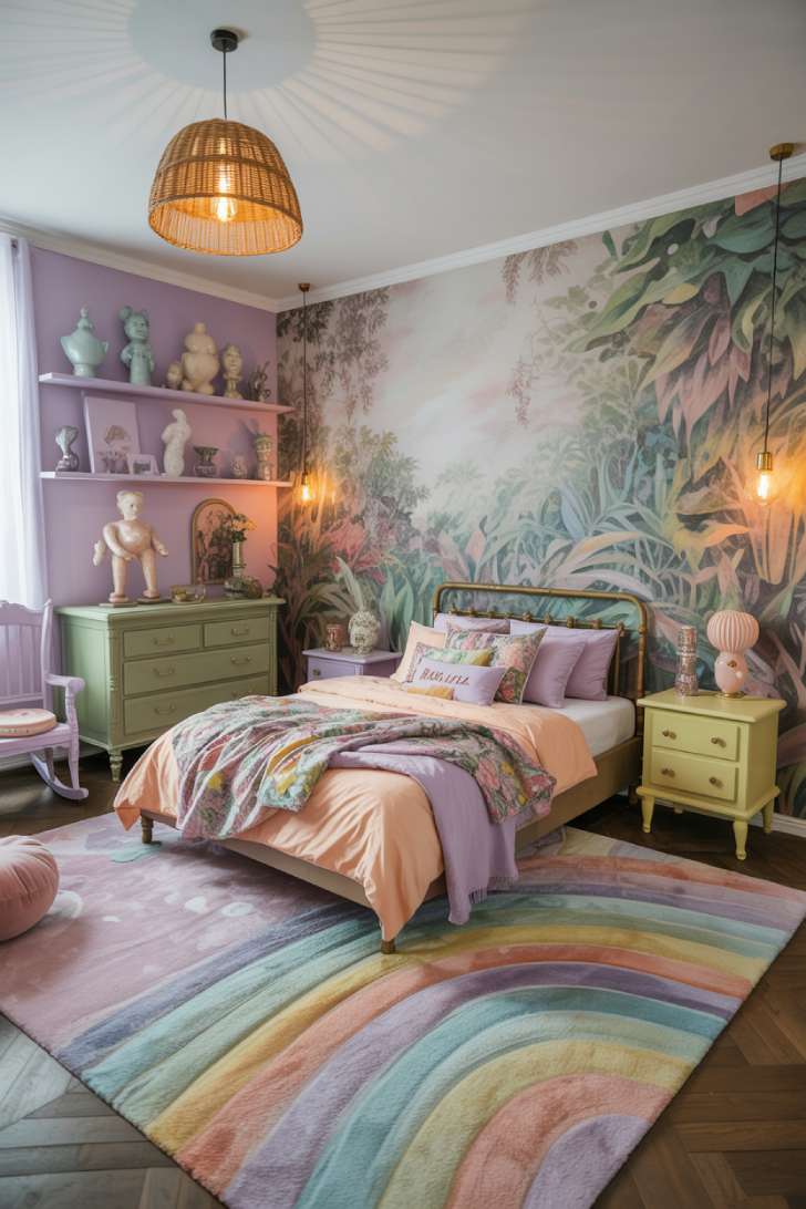 11 Gorgeous Eclectic Maximalism Bedroom Ideas to Try Today 10 A whimsical bedroom with a tropical jungle mural on pastel walls, brass vintage bed, pastel mixed-print bedding, and quirky ceramic figurines on open shelves