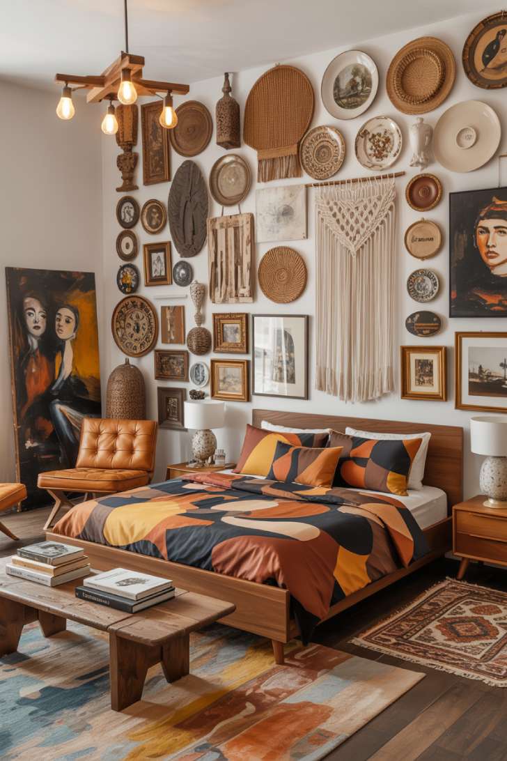 11 Gorgeous Eclectic Maximalism Bedroom Ideas to Try Today 11 An artistic maximalist bedroom with a floor-to-ceiling wall of decorative plates and woven baskets, mid-century walnut bed, terracotta abstract duvet, and cognac leather chairs