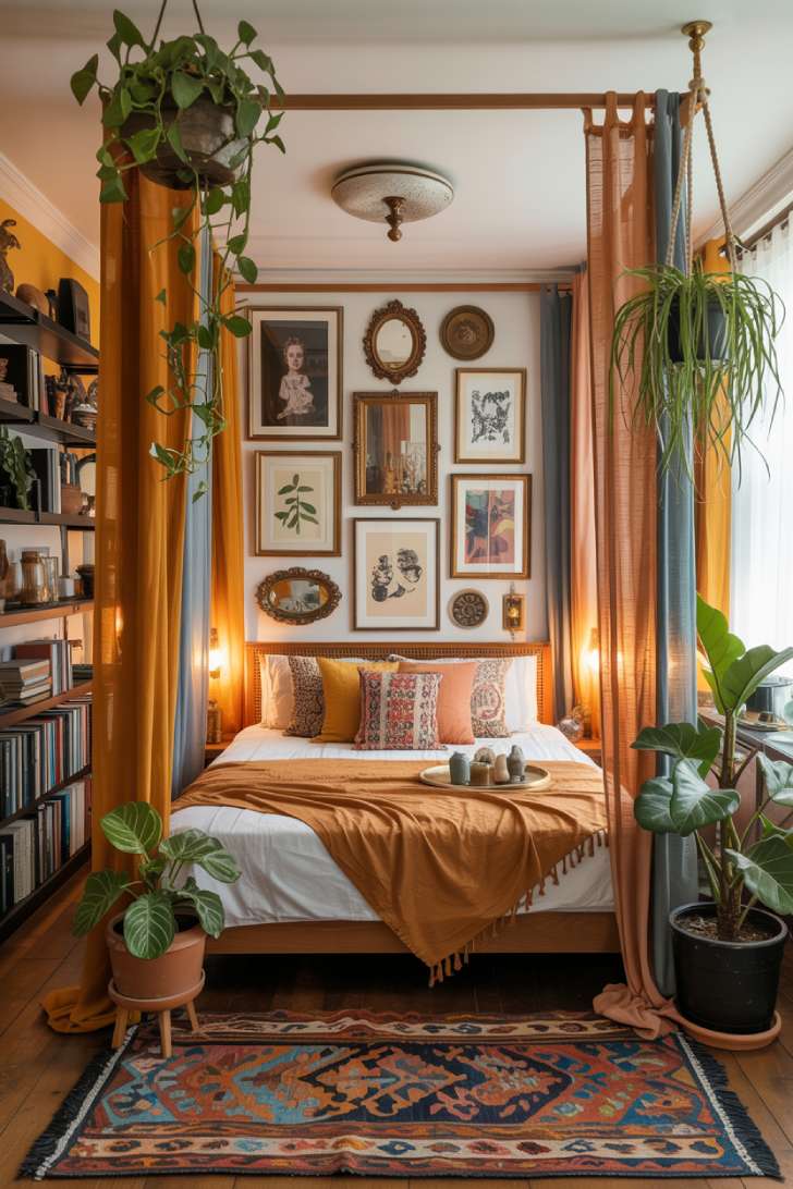 11 Gorgeous Eclectic Maximalism Bedroom Ideas to Try Today 2 A canopy bed draped in mustard and terracotta fabric with a floor-to-ceiling eclectic gallery wall and trailing houseplants
