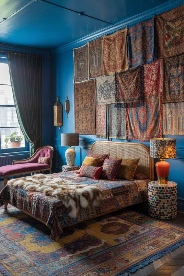11 Gorgeous Eclectic Maximalism Bedroom Ideas to Try Today 3 A cobalt blue bedroom with textile wall hangings, rattan headboard, layered quilts, and Moroccan mosaic side table