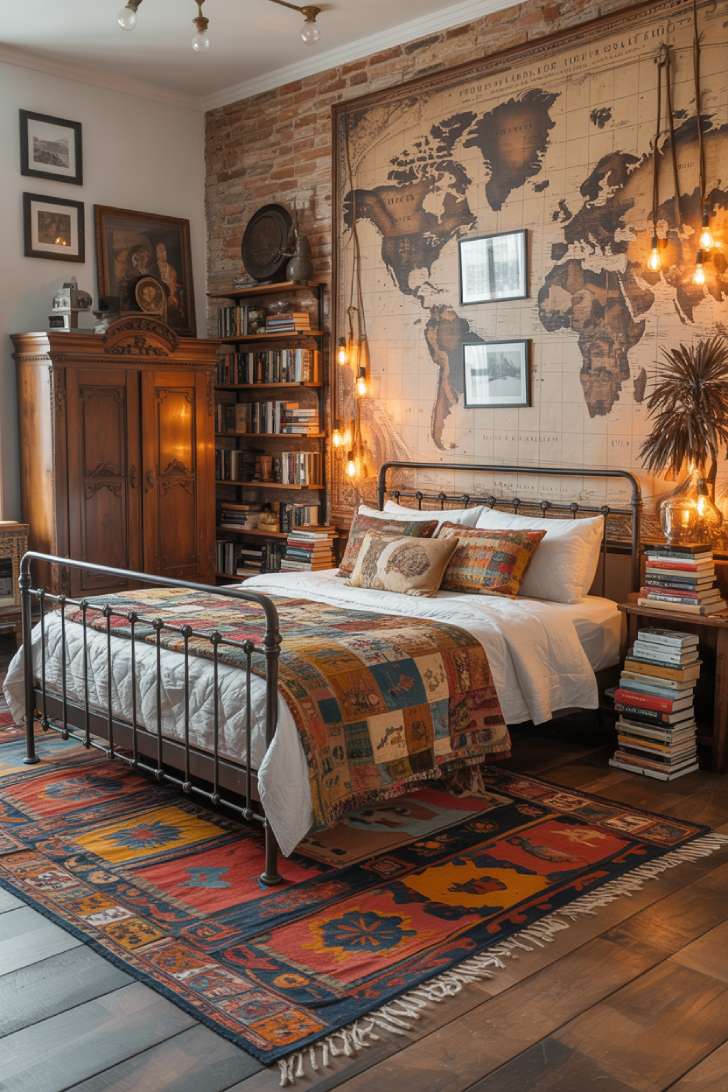 11 Gorgeous Eclectic Maximalism Bedroom Ideas to Try Today 4 An eclectic bedroom with exposed brick walls, wrought iron four-poster bed, layered warm bedding, and Moroccan rug in red, orange, and navy