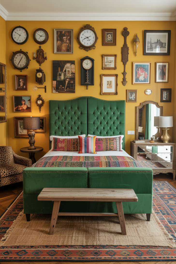 11 Gorgeous Eclectic Maximalism Bedroom Ideas to Try Today 6 A maximalist bedroom with mustard yellow walls covered in vintage clocks and artwork, emerald tufted velvet bed, and leopard print accent chair