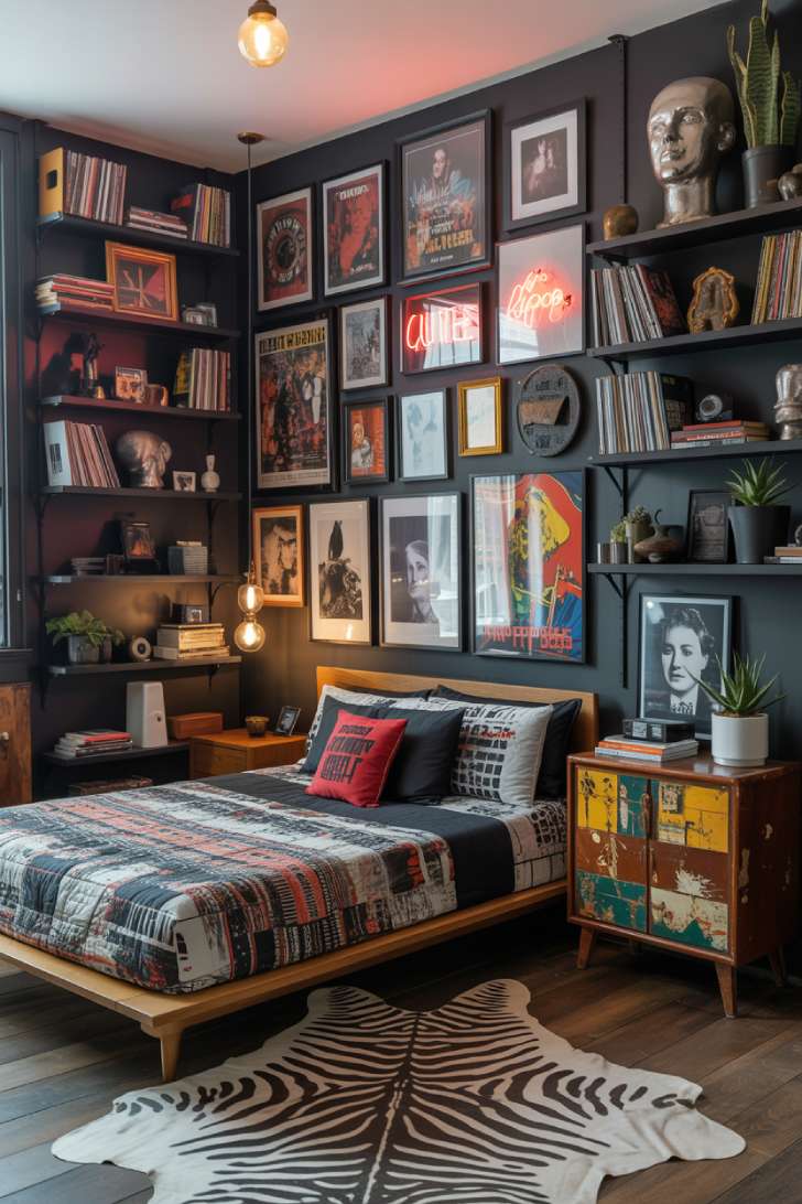 11 Gorgeous Eclectic Maximalism Bedroom Ideas to Try Today 7 A dramatic bedroom with charcoal black walls, vintage concert posters, mid-century platform bed, and bold graphic duvet in black, white, and red