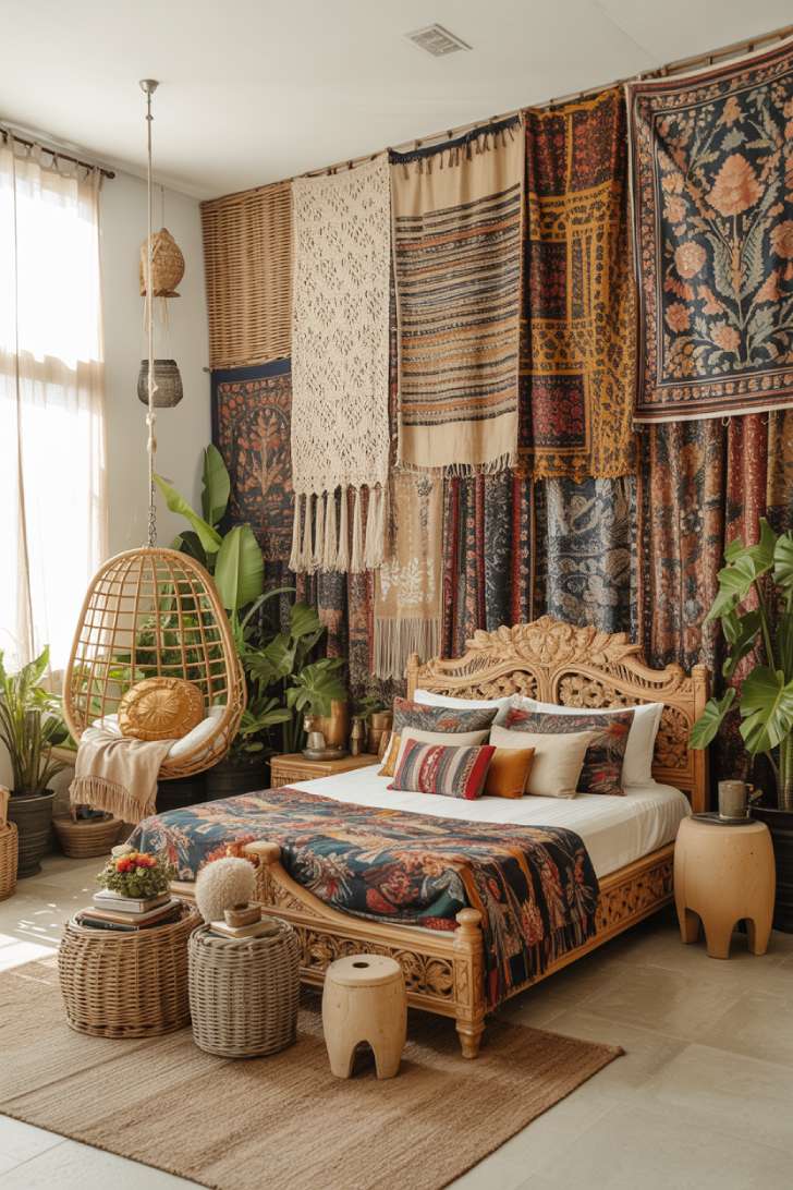 11 Gorgeous Eclectic Maximalism Bedroom Ideas to Try Today 8 A globally inspired bedroom with Balinese carved bed, ikat bedding, macramé wall hangings, hanging egg chair, and abundant tropical plants