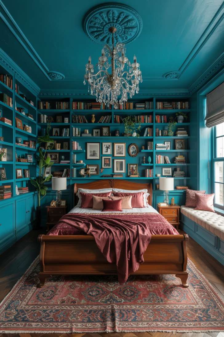 11 Gorgeous Eclectic Maximalism Bedroom Ideas to Try Today 9 A grand bedroom with teal ceiling, crystal chandelier, floor-to-ceiling bookshelves, mahogany sleigh bed, Persian rugs, and a built-in window reading nook