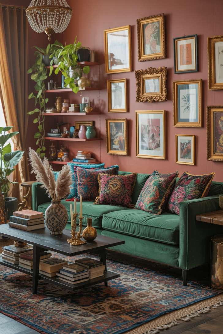 11 Vibrant Eclectic Maximalism Living Room Styles to Copy 1 Eclectic maximalism living room with emerald velvet sofa, Persian rug, and gallery wall in jewel tones