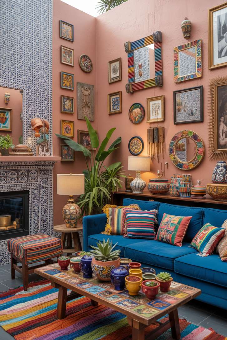11 Vibrant Eclectic Maximalism Living Room Styles to Copy 10 Colorful eclectic maximalism living room with terracotta walls, cobalt blue sofa, Moroccan tile accent wall, and Mexican folk art decor