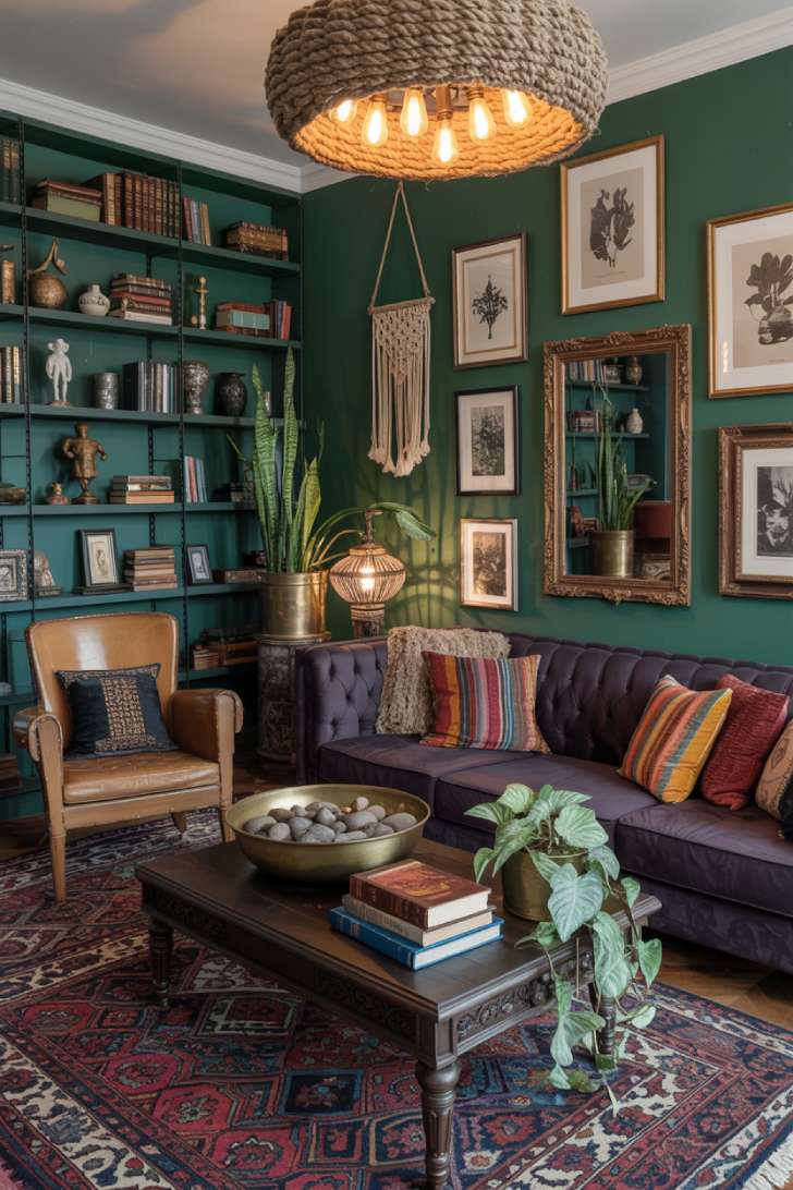 11 Vibrant Eclectic Maximalism Living Room Styles to Copy 11 Richly layered eclectic maximalism living room with forest green walls, plum velvet sofa, worn leather armchair, Persian carpet, and jute chandelier