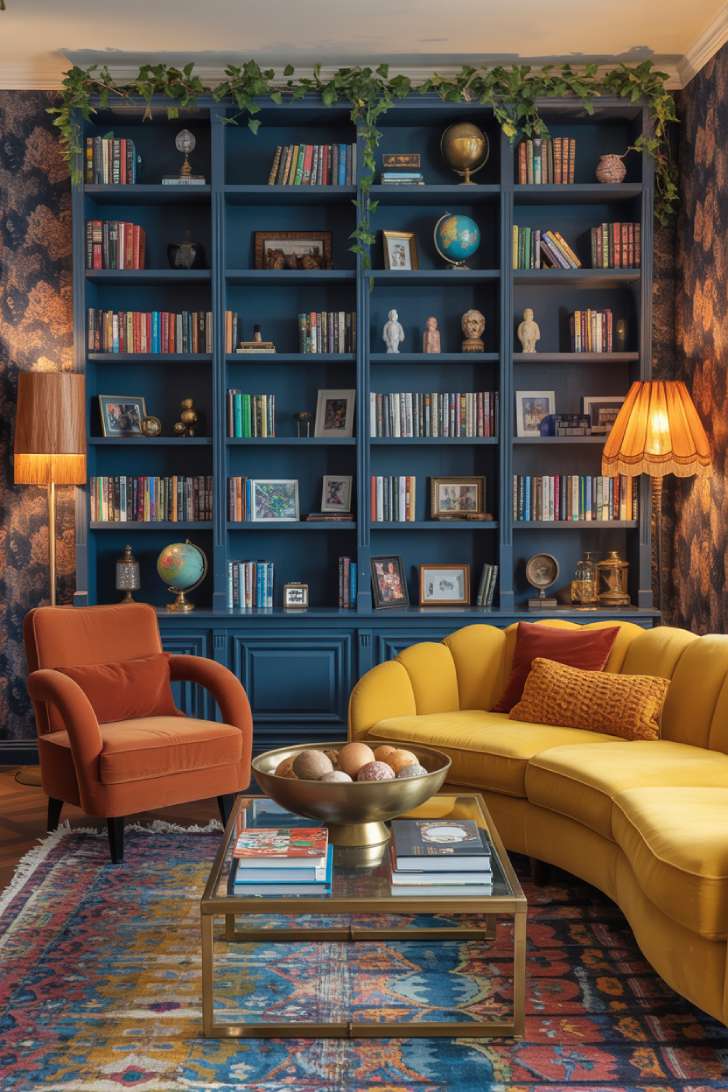 11 Vibrant Eclectic Maximalism Living Room Styles to Copy 2 Eclectic maximalism living room featuring floor-to-ceiling navy bookshelves, mustard sofa, and dark floral wallpaper