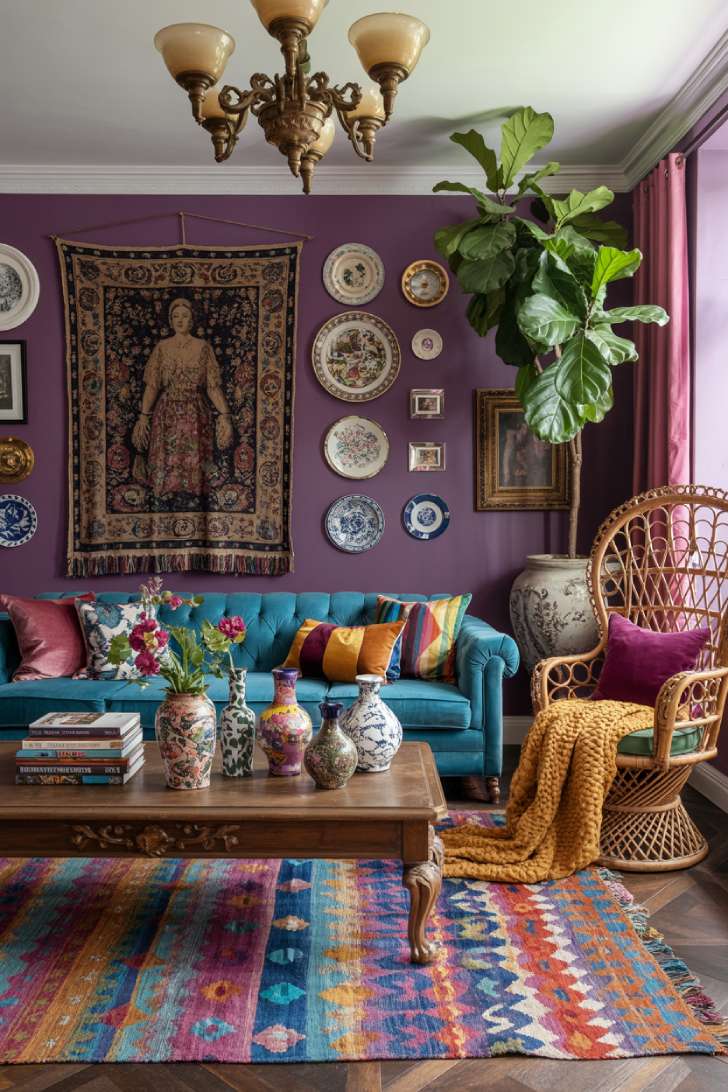 11 Vibrant Eclectic Maximalism Living Room Styles to Copy 3 Bold eclectic maximalism living room with deep plum walls, teal tufted sofa, decorative plate wall, and peacock rattan chair